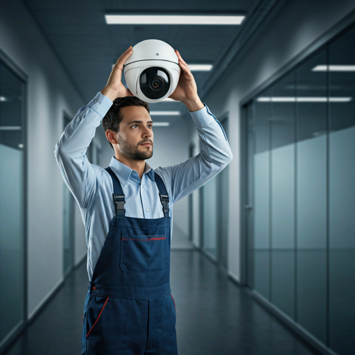 A professional technician in a clean corporate uniform installing a high-end dome security camera in a minimalist industrial setting. The shot uses soft, natural side lighting to emphasize the sleek metallic finish of the hardware. The background is a slightly out-of-focus modern office corridor with glass partitions, maintaining a bright and clean light-mode aesthetic.