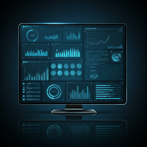 A futuristic software dashboard interface with data visualizations, glowing graphs, and complex automation workflows. The screen glows with soft blues and vibrant red highlights against a deep navy background, reflecting on a polished metallic surface in a clean, modern technology lab setting. High-tech corporate aesthetic, sharp focus.