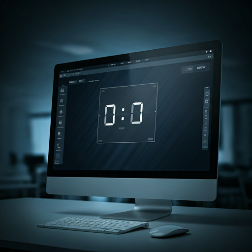 High-speed close-up of a digital timer on a professional corporate computer screen. Modern office background, blurred personnel in motion representing efficiency. Cool color palette with metallic accents.