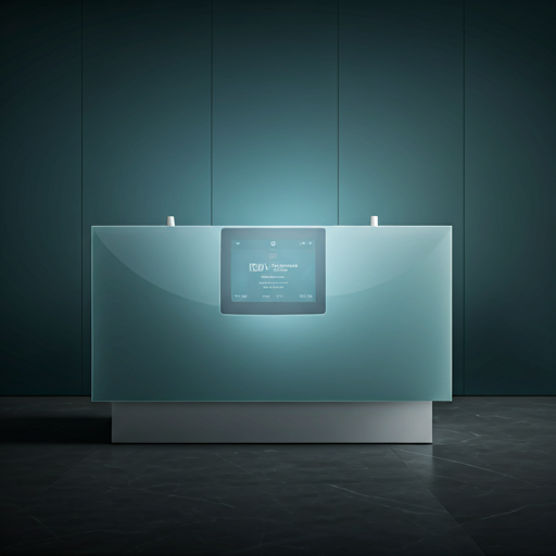 Professional reception desk in a modern corporate building with a digital visitor registration tablet. High-end architectural lighting, glass surfaces, minimalist environment.